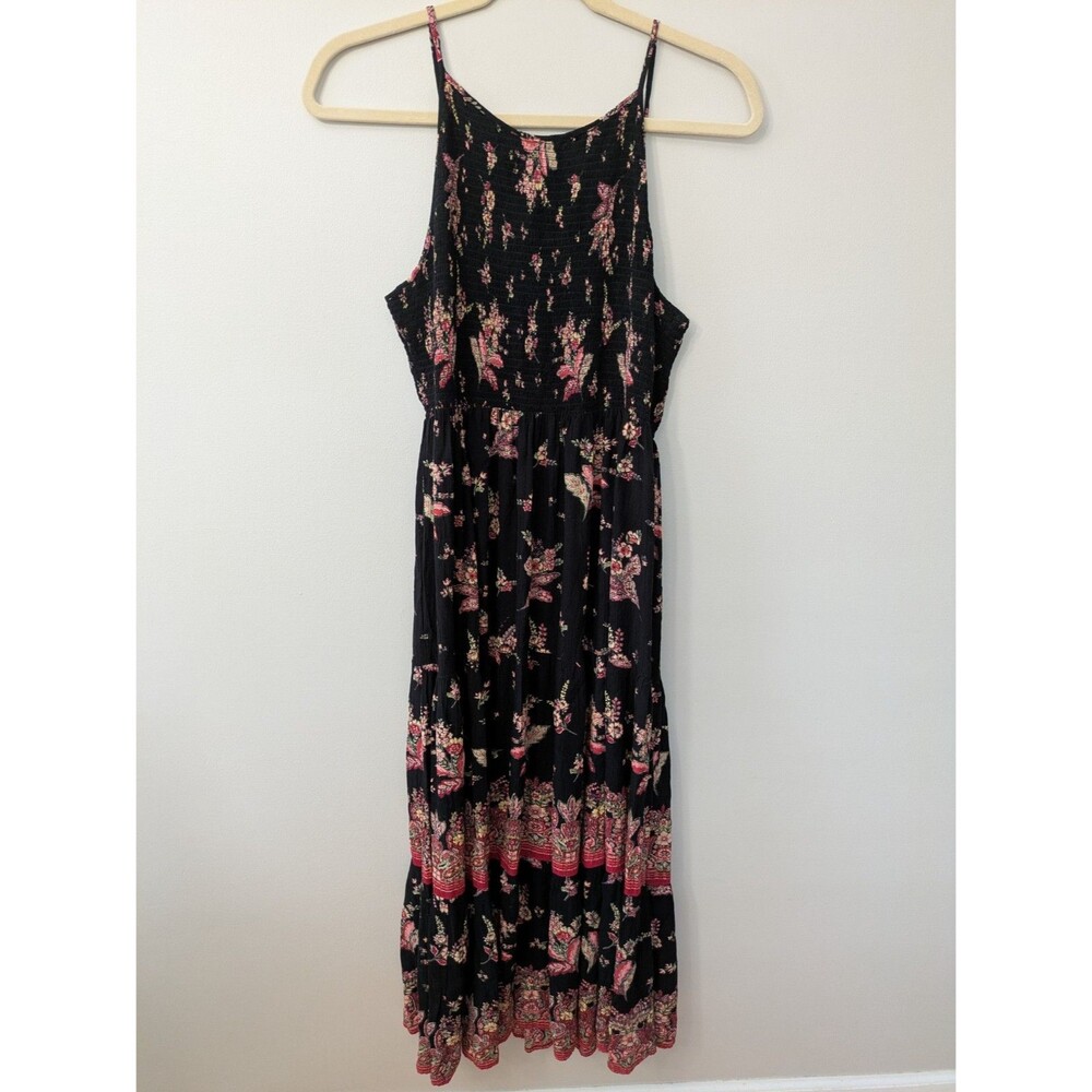 Angie Womens Maxi Dress 1X Smocked Boho Tiered Dark Romantic Cottage Prairie